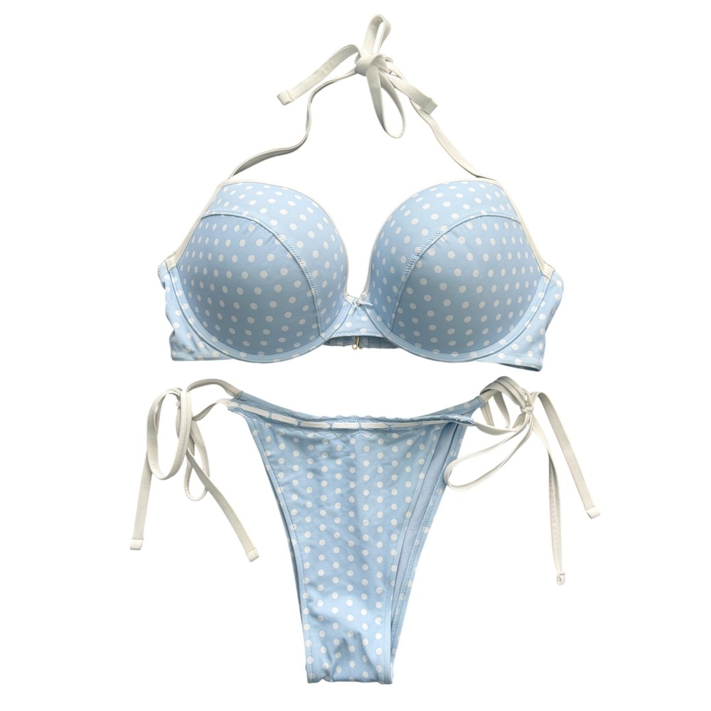 VS Pink by Frankies Bikinis Light Blue Polka Dot Push Up Bikini Set XXL NWT